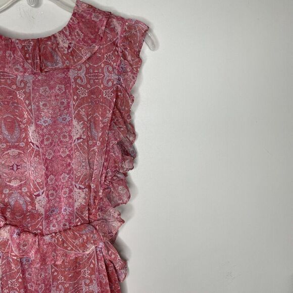 MISA Natasha Dress Womens Large Pink Floral Cut Out Midi Ruffle V-Neck Sheer - Picture 10 of 16